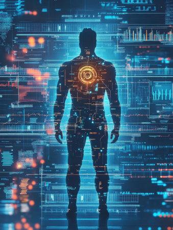 A human silhouette is surrounded by advanced AI graphs and analytical charts, showing the convergence of technology and human insight.の素材