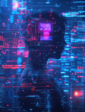 A human silhouette showcases intricate AI graphs and data visualizations, symbolizing the fusion of humanity and technology in modern analytics.の素材