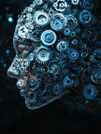 A human head outline filled with interlocking gears and cogs represents the complex nature of artificial intelligence and technology.の素材