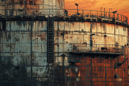 Bulk gas storage tanks dominate the industrial landscape, bathed in warm orange light as the sun sets, highlighting their weathered surfaces.の素材