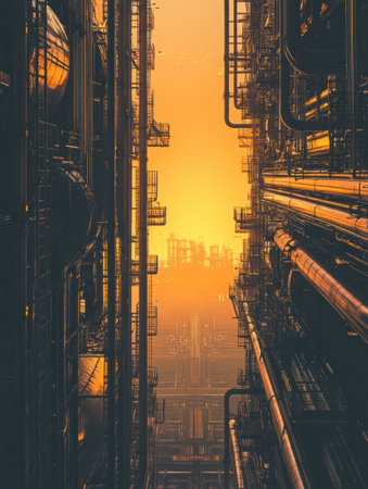 Massive gas storage tanks are highlighted against a vibrant orange sky at sunset, creating a striking industrial silhouette.の素材