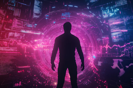 A human silhouette stands before a vibrant digital backdrop showing data visualizations, AI graphs, and analytical charts.の素材
