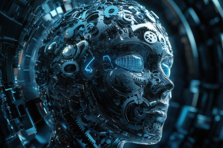 A human head outline filled with gears symbolizes the complex workings of artificial intelligence technology.の素材