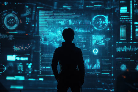 A human figure filled with advanced AI graphs and charts stands before a wall of data visualizations, immersed in technology and analytics.の素材