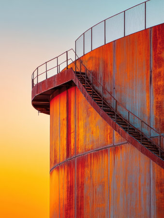 Gas storage tanks tower against a warm orange sky as the sun sets, highlighting their industrial structure and rusty textures.の素材