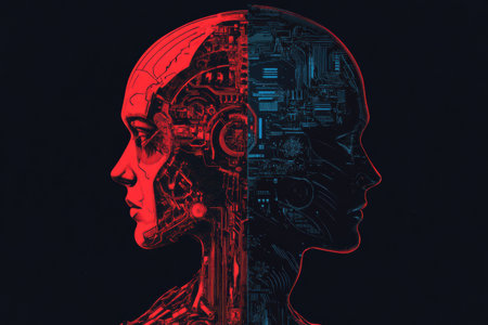 A half organic, half mechanical human head merges with a complex AI, featuring intricate cybernetic textures in vibrant sci fi colors.の素材