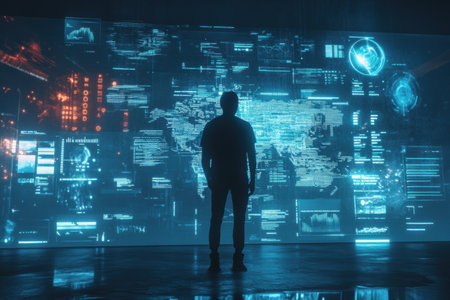A human silhouette stands before a vibrant display of futuristic AI graphs and analytical charts during a tech demonstration or research.の素材