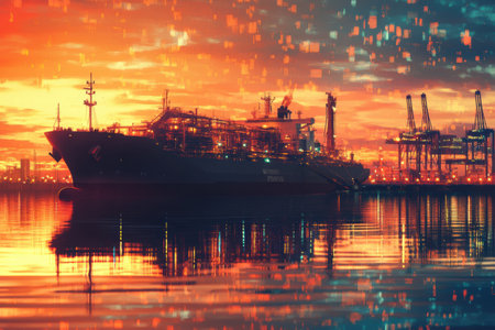 A large liquefied natural gas ship is docked at a terminal in an industrial port, glowing under the colorful sunset and reflecting in the water.の素材
