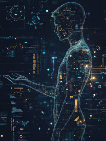 A human silhouette emerges in a digital space, composed of vibrant AI charts and data visualizations, conveying advanced analytics.の素材