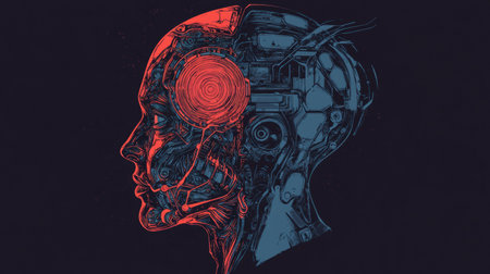 Silhouette of a human head merges with a machine, showing a mix of organic and mechanical features through intricate textures.の素材