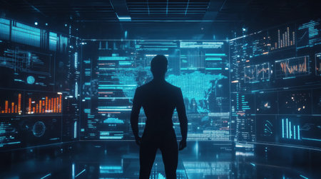 A human silhouette stands in a modern setting filled with vibrant AI graphs and data visualizations, showing advanced analytics.の素材