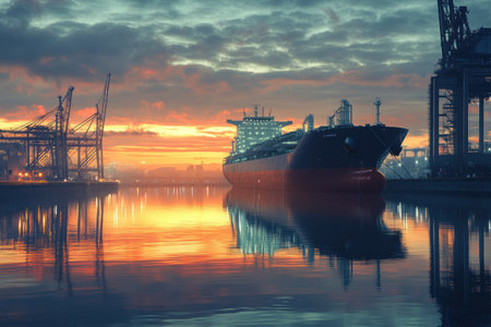 A large liquefied natural gas transport ship rests at a terminal in an industrial port as vibrant colors fill the sunset sky and calm waters.の素材