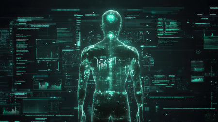 A human silhouette emerges against a backdrop of advanced AI graphs and data visualizations, showing the integration of technology and analysis.の素材