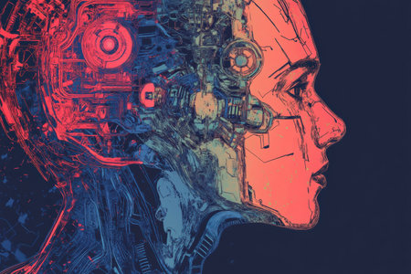 A head outline combines organic and mechanical parts showing intricate cybernetic details and a vibrant sci fi design in a futuristic setting.の素材