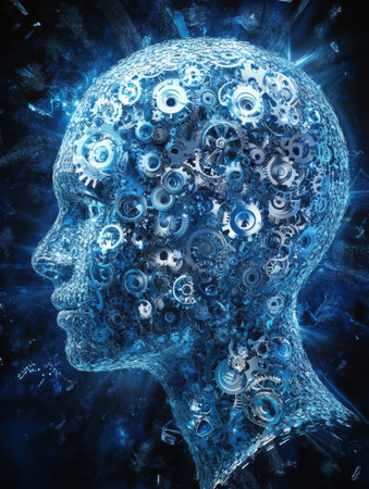 Contemplation of artificial intelligence is visualized through a human head shape composed of intricate gears and cogs, symbolizing thought processes.の素材