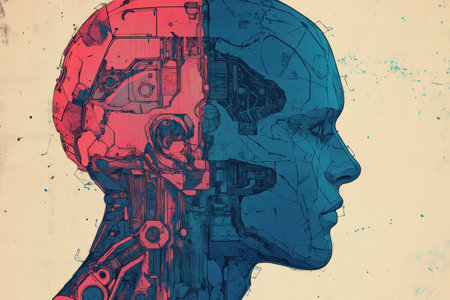 A stunning depiction merges human and machine, showing advanced AI and cybernetic design in a captivating representation.の素材