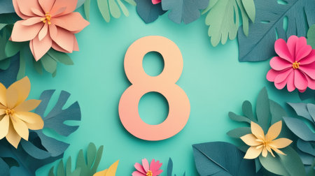 A decorative paper art design highlights the number 8 surrounded by colorful flowers and leaves, commemorating International Womens Day.の素材