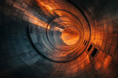 Gas storage tanks tower against a stunning sunset, with warm orange hues reflecting off their surfaces, creating a striking visual impact.の素材