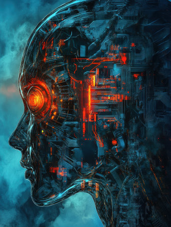 A human head merges with mechanical elements, highlighting advanced AI and cybernetics in a sci fi setting.の素材