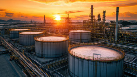 Industrial gas storage tanks stand tall against a vibrant orange sky during sunset, casting long shadows over the surrounding facilities.の素材