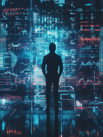 A human silhouette stands before an array of futuristic AI graphs and data visualizations in a modern, illuminated space.の素材