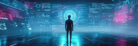 A human silhouette stands amidst glowing AI graphs and analytical charts in a high tech environment illuminated by vibrant colors.の素材