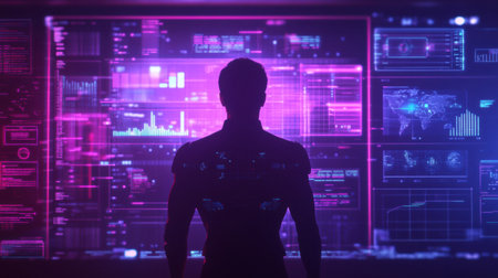 Silhouette of a person surrounded by advanced data graphs and analytical charts in a vibrant, futuristic space filled with technology.の素材