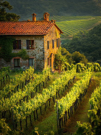 In a tranquil Tuscan village, lush vineyards stretch under the warm evening light, surrounding a charming stone house adorned with greenery.の素材