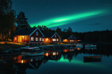 Colorful auroras dance in the night sky above cozy wooden cottages in a peaceful Scandinavian village reflecting on calm waters.の素材