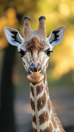 A close up of a giraffe looking directly at the viewer, set against a blurred background of trees at golden hour.の素材