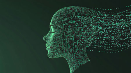 A human face outline morphs into binary code, symbolizing the blend of AI and human identity in the digital age.の素材