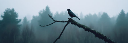 A solitary bird rests on a lifeless branch, surrounded by a serene misty forest at dawn, creating a tranquil atmosphere for reflection.の素材