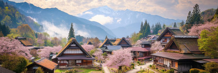Spring brings vibrant cherry blossoms to a serene Japanese village nestled in the mountains, with traditional wooden houses and soft fog.の素材