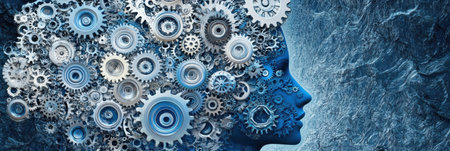 The artwork features a human head outline filled with interlocking gears and cogs, visually representing advanced artificial intelligence concepts.の素材