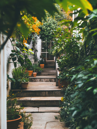 A serene garden pathway features wooden steps surrounded by lush plants and vibrant flowers, creating a peaceful retreat from the bustle.の素材