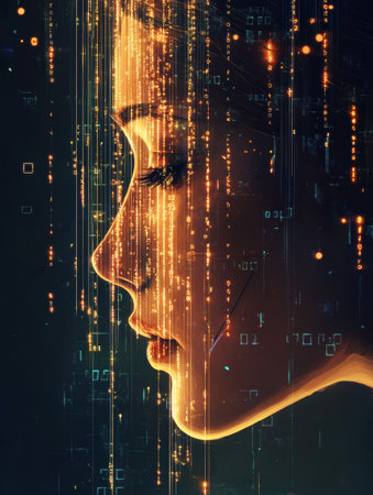 A human face fades into streams of binary code, showcasing a modern take on AI and data integration.の素材