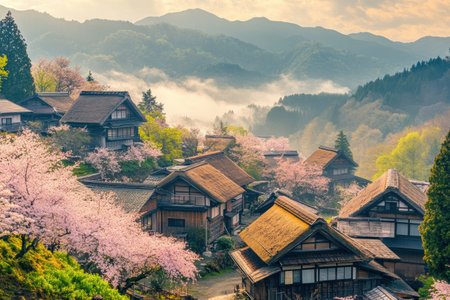 Cherry trees burst into bloom, enveloping a tranquil Japanese village set amidst lush mountains, creating an enchanting spring atmosphere.の素材