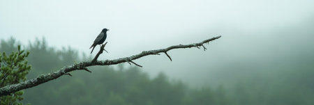 A solitary bird rests on a lifeless branch, surrounded by a misty forest in the early hours of dawn, creating a serene atmosphere.の素材