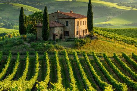 Vibrant green vineyards surround a rustic villa in a Tuscan village, showcasing the serene beauty of the countryside at sunset.の素材