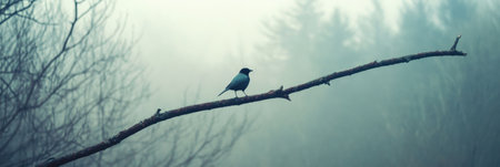 A solitary bird rests on a dead tree branch surrounded by a misty forest landscape, capturing the stillness of early morning.の素材
