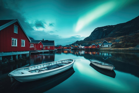 Under the captivating aurora, a Scandinavian village is reflected in calm waters, surrounded by red wooden houses and mountains.の素材