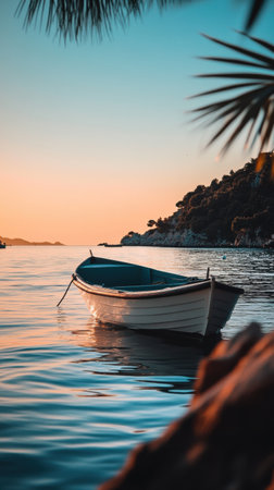 A small rowboat floats peacefully on still waters as the sun sets behind a rocky coastline, creating a serene atmosphere.の素材