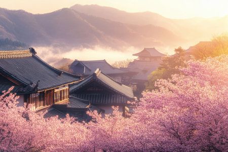 Colorful cherry blossoms frame a peaceful Japanese village at dawn, with misty mountains creating a serene backdrop for the day ahead.の素材