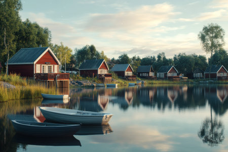 Vibrant red cabins line the tranquil waters of a Scandinavian village, capturing the serene atmosphere of morning light and reflections.の素材