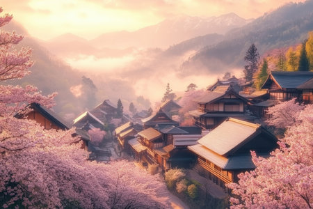 Cherry blossom trees fill the village with pink hues as the sun sets behind mountains, creating a serene and picturesque landscape.の素材