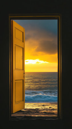 A vibrant yellow door stands open, revealing a stunning sunset over the ocean as waves gently roll onto the shore.の素材