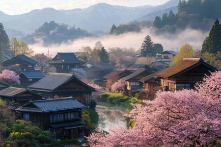Cherry blossom trees frame a tranquil Japanese village, with traditional wooden houses and misty mountains in the background at dawn.の素材