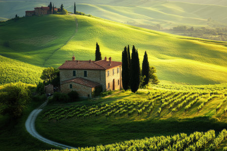 Soft sunlight bathes the Tuscan landscape as lush vineyards stretch across the hills, creating a picturesque village atmosphere.の素材