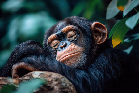 A young chimpanzee is quietly resting with eyes closed, nestled among vibrant green leaves on a cozy afternoon.の素材