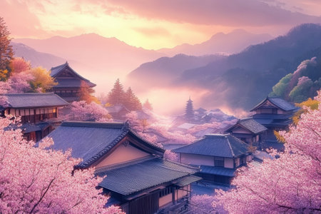 Cherry blossoms bloom in a Japanese village as the sun sets behind distant mountains, casting a warm glow on traditional buildings.の素材